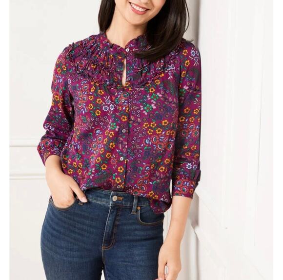 Talbots Tops - Talbots Floral Ruffle Blouse Purple Long Sleeve Button Front Top Women’s M